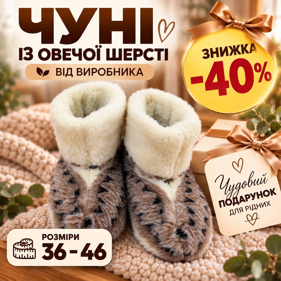 Чуні з овечої вовни від виробника, знижка 40%, розміри 36–46