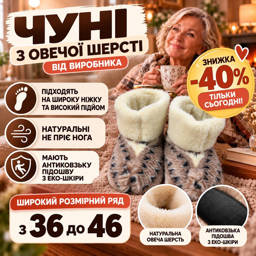 Чуні з овечої шерсті від виробника, розміри 36–46, знижка 40%